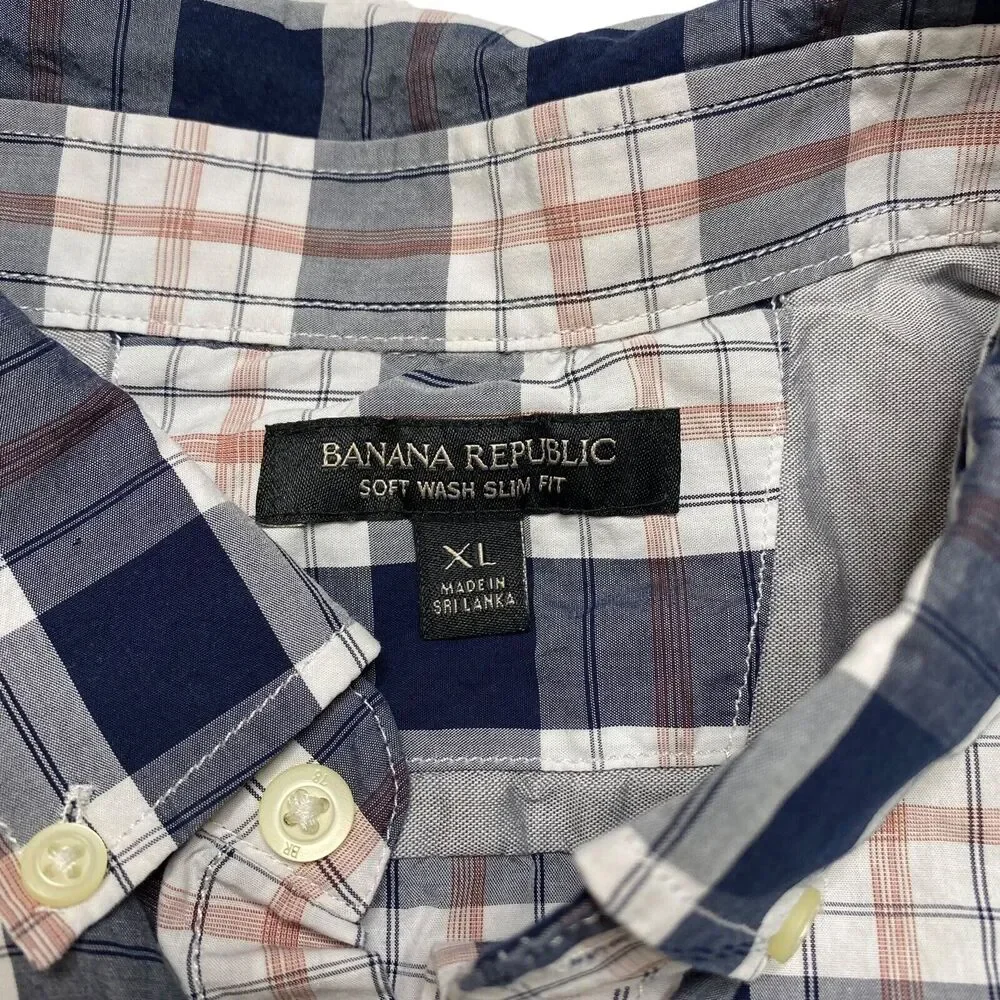 BANANA REPUBLIC Red White Blue Plaid Soft Wash Slim Fit Button Up Shirt XL Mens